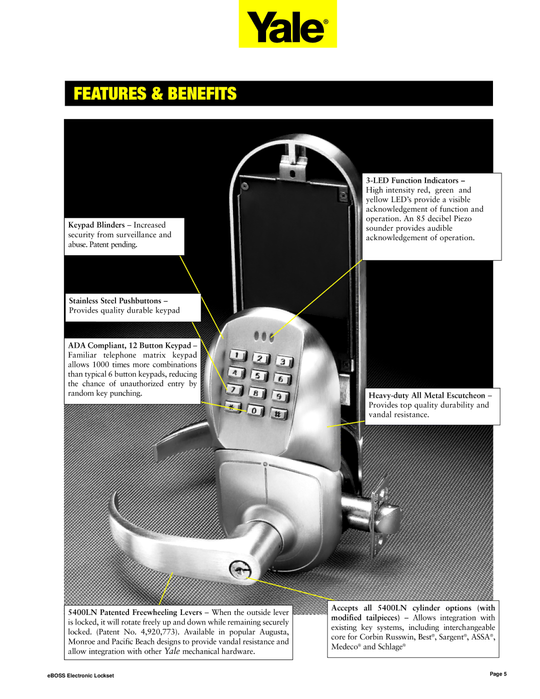 Assa E5496LN manual Features & Benefits 