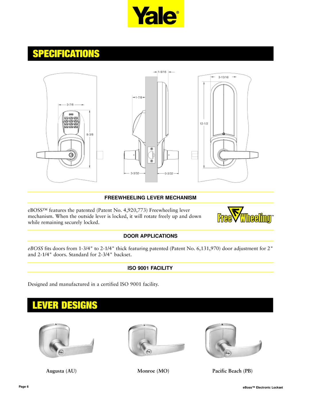 Assa E5496LN manual Specifications, Lever Designs, Freewheeling Lever Mechanism, Door Applications, ISO 9001 Facility 