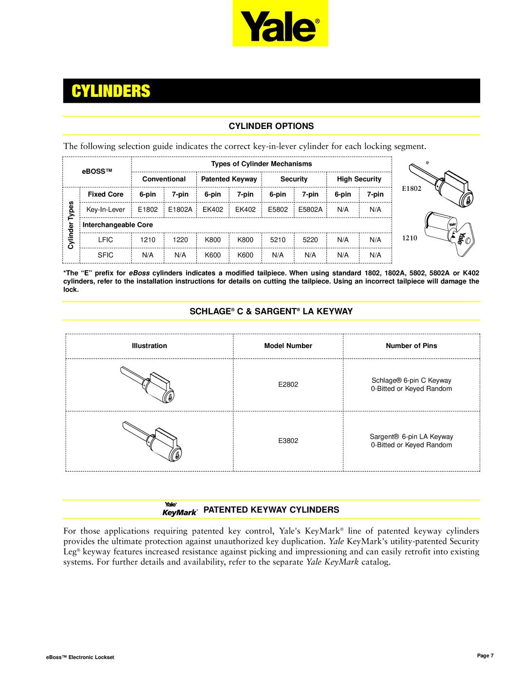 Assa E5496LN manual Cylinder Options, Schlage C & Sargent LA Keyway, Patented Keyway Cylinders 