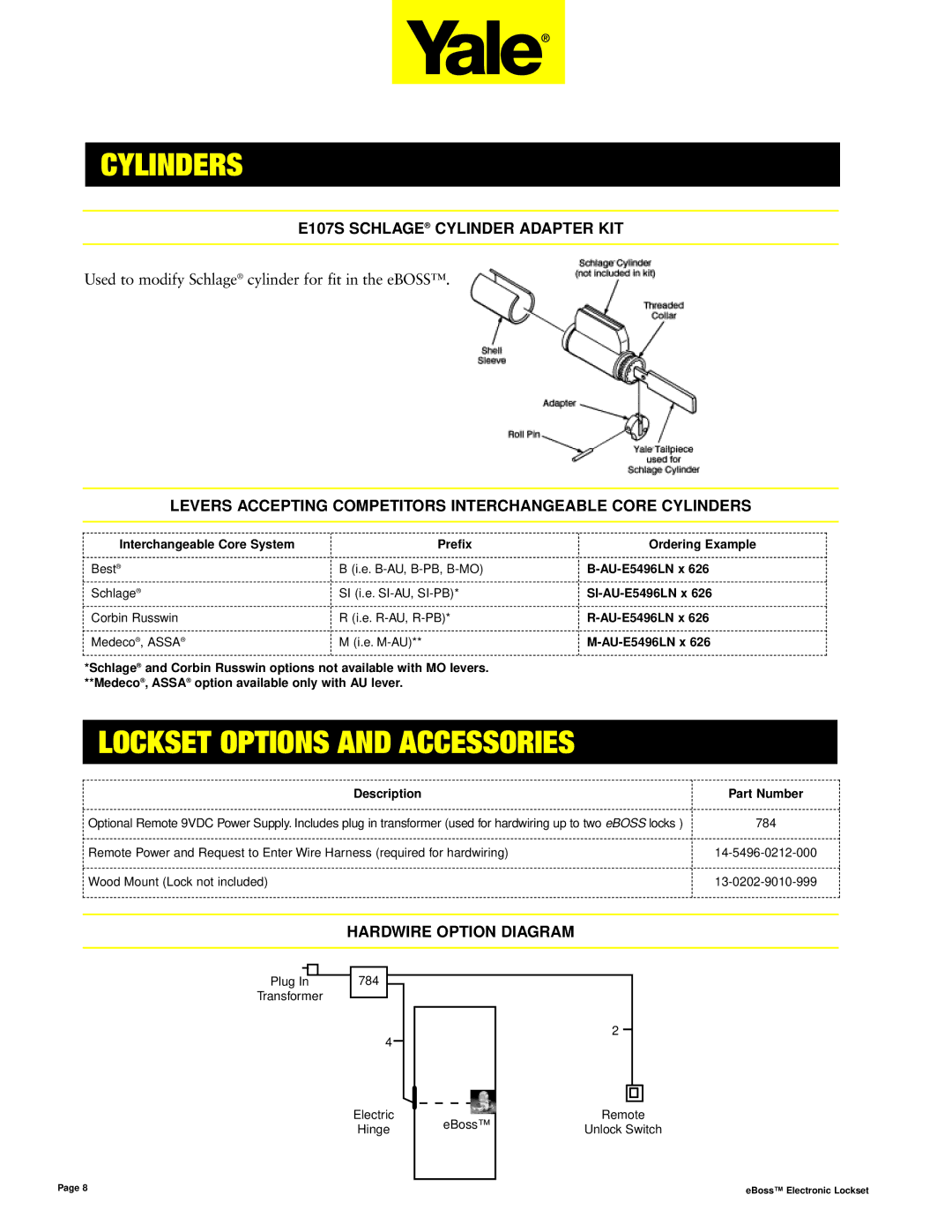 Assa E5496LN manual Lockset Options and Accessories, E107S Schlage Cylinder Adapter KIT, Hardwire Option Diagram 