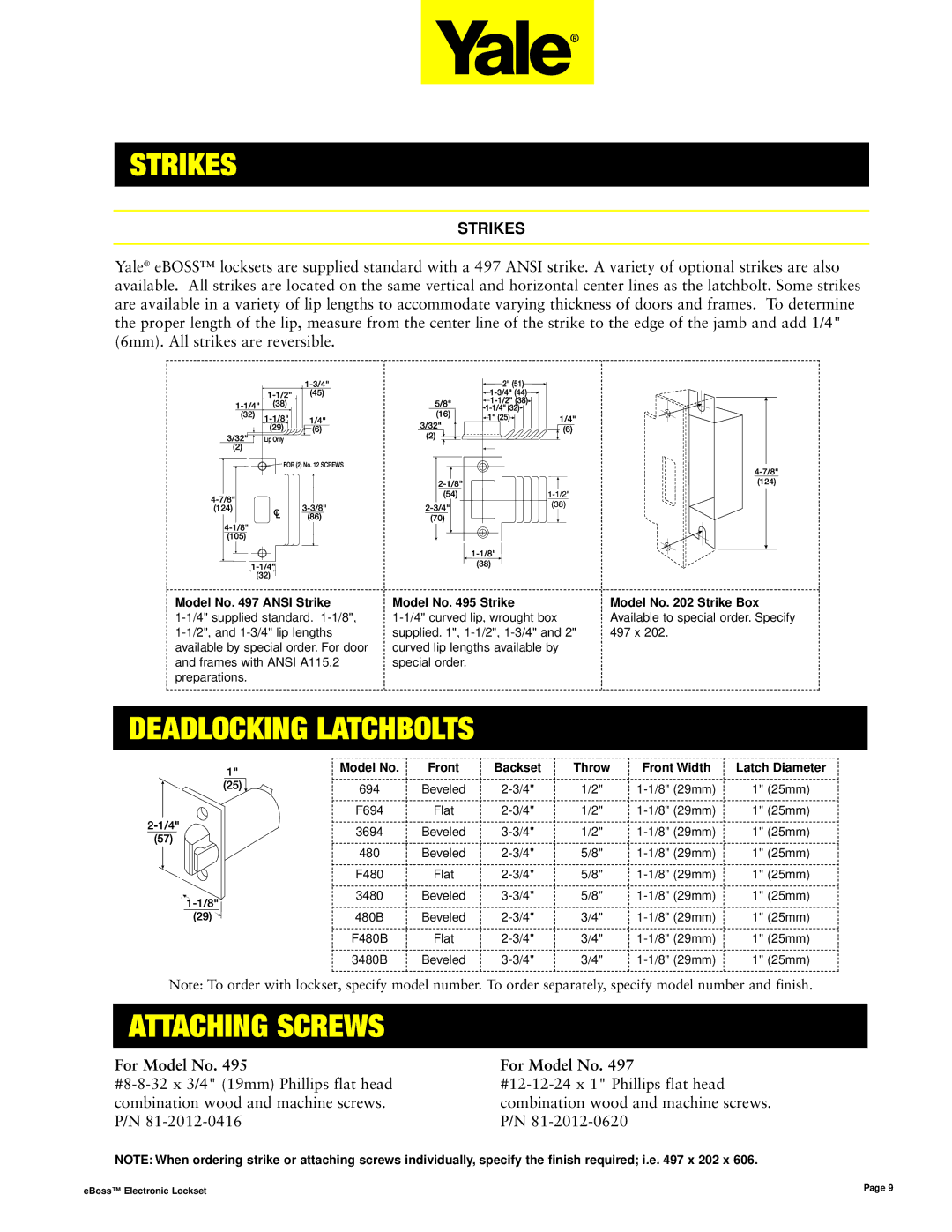 Assa E5496LN manual Strikes, Deadlocking Latchbolts, Attaching Screws 