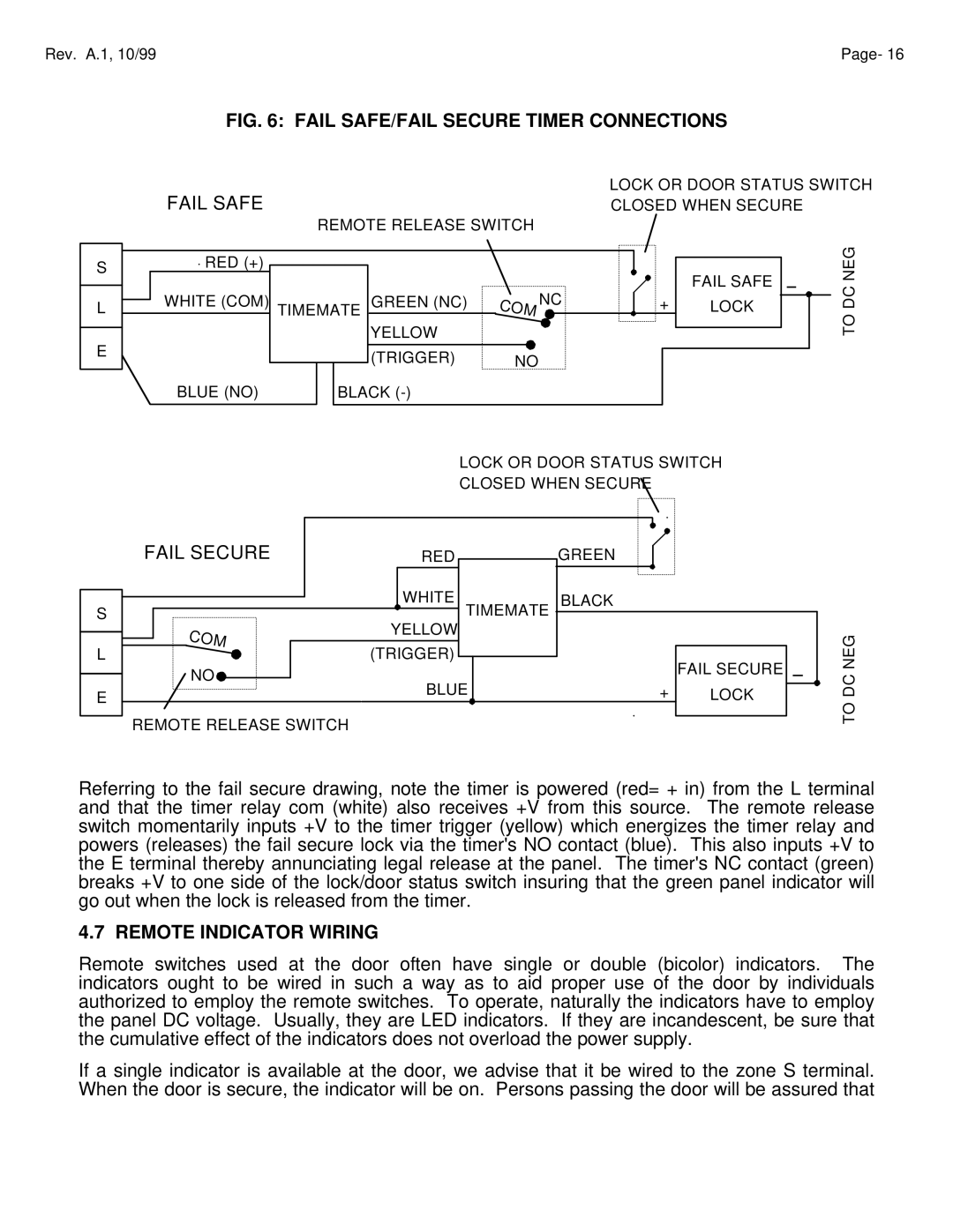 Assa ELECTRIC LOCK manual Fail SAFE/FAIL Secure Timer Connections, Remote Indicator Wiring 