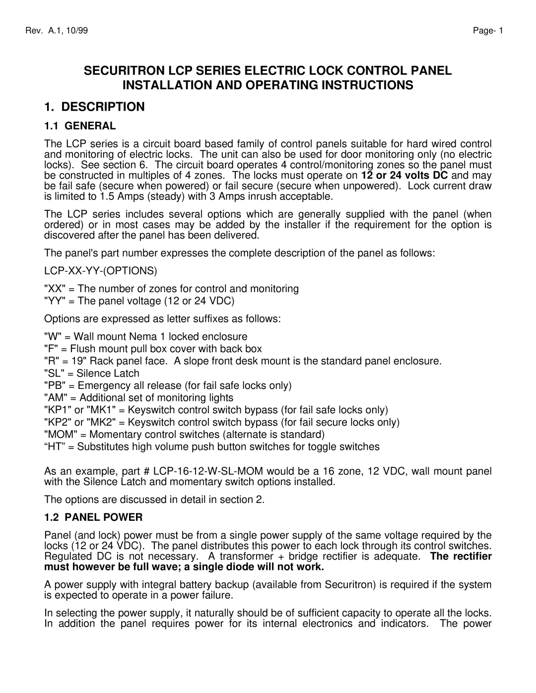 Assa ELECTRIC LOCK manual General, Panel Power 