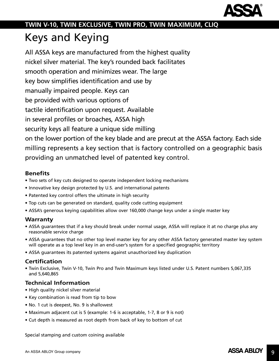 Assa high security lock technical manual Keys and Keying, Benefits, Warranty, Certification, Technical Information 