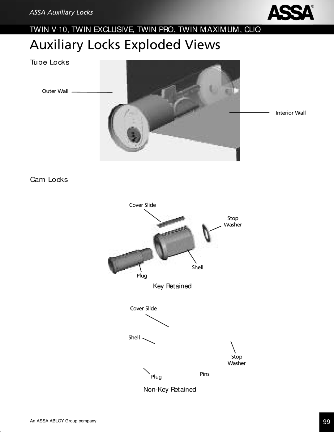 Assa high security lock technical manual Auxiliary Locks Exploded Views, Tube Locks, Cam Locks, Non-Key Retained 