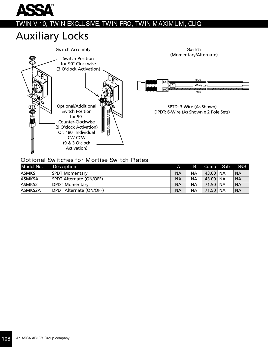 Assa high security lock technical manual Optional Switches for Mortise Switch Plates, Switch Assembly 