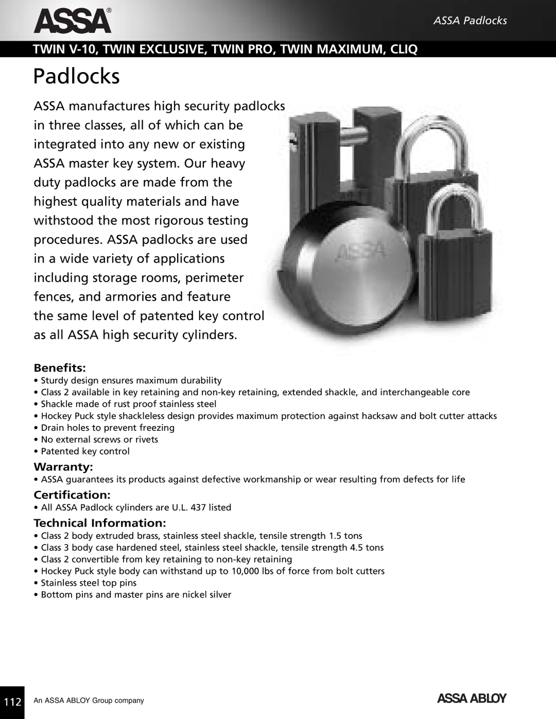 Assa high security lock technical manual Padlocks, Benefits 