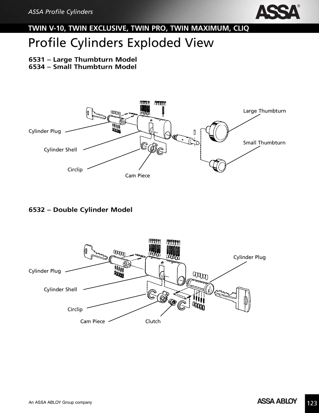 Assa high security lock technical manual Profile Cylinders Exploded View, Large Thumbturn Model Small Thumbturn Model 