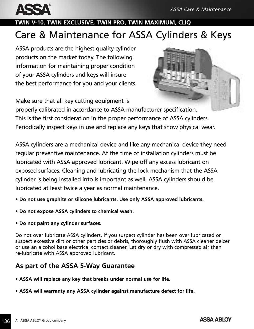 Assa high security lock technical manual Care & Maintenance for Assa Cylinders & Keys, As part of the Assa 5-Way Guarantee 