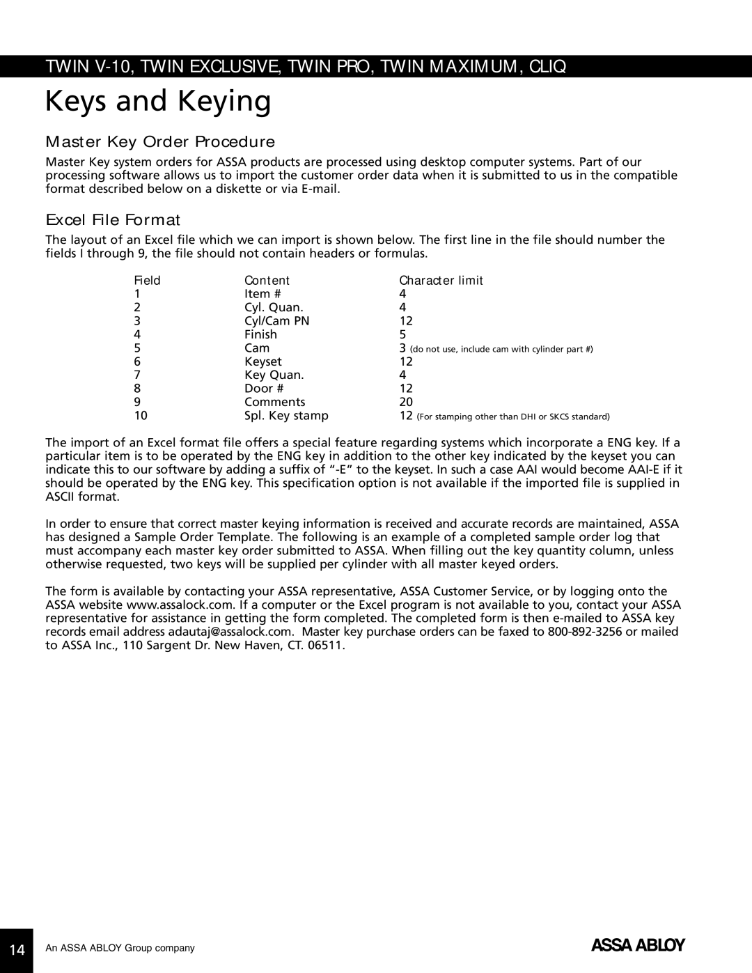 Assa high security lock technical manual Master Key Order Procedure, Excel File Format, Field Content Character limit 