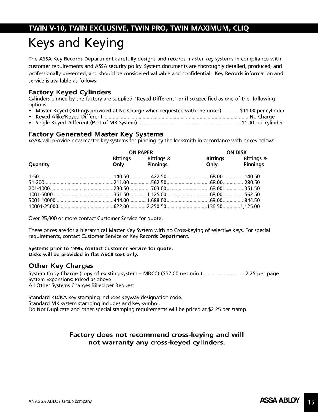 Assa high security lock technical manual Factory Keyed Cylinders, Factory Generated Master Key Systems, Other Key Charges 