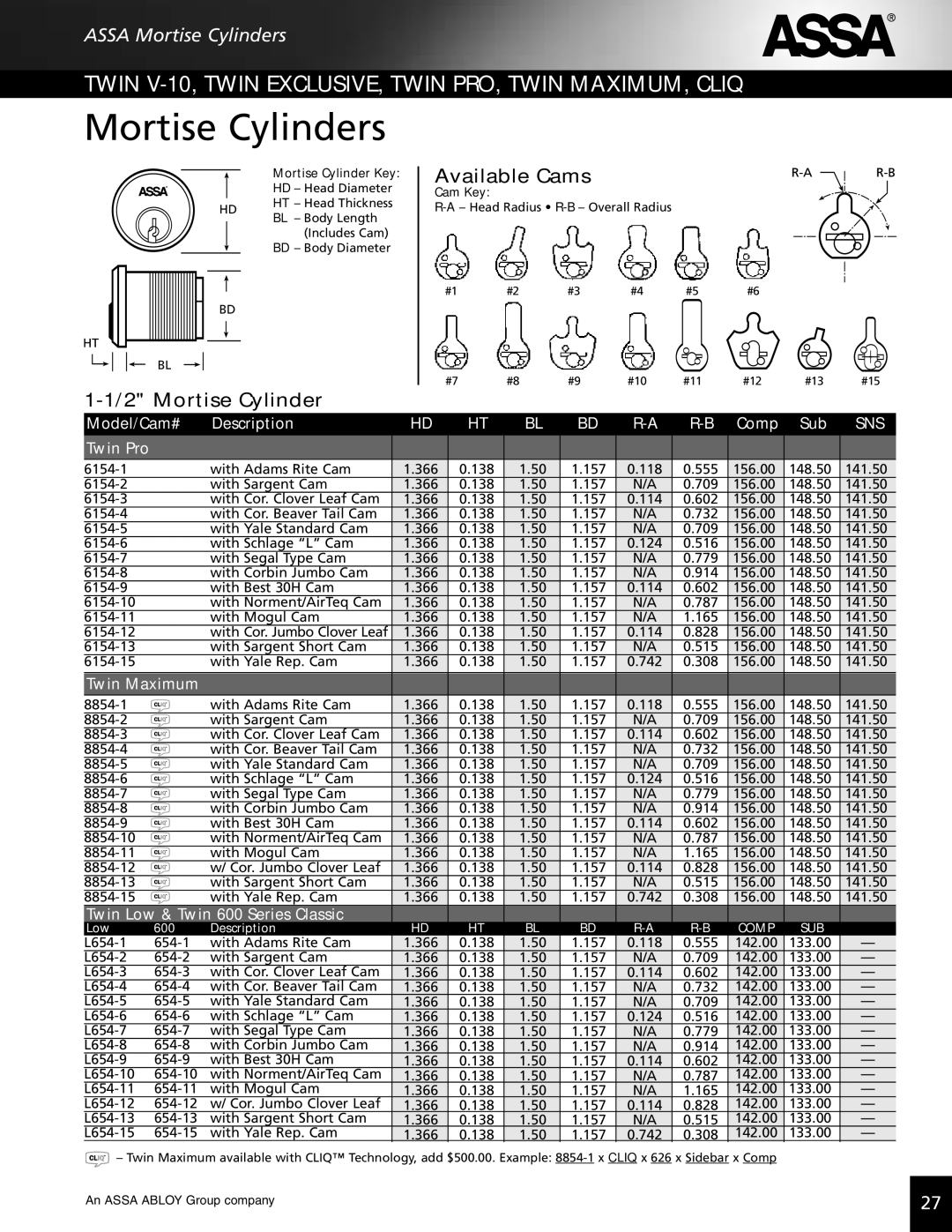 Assa high security lock technical manual With Adams Rite Cam 