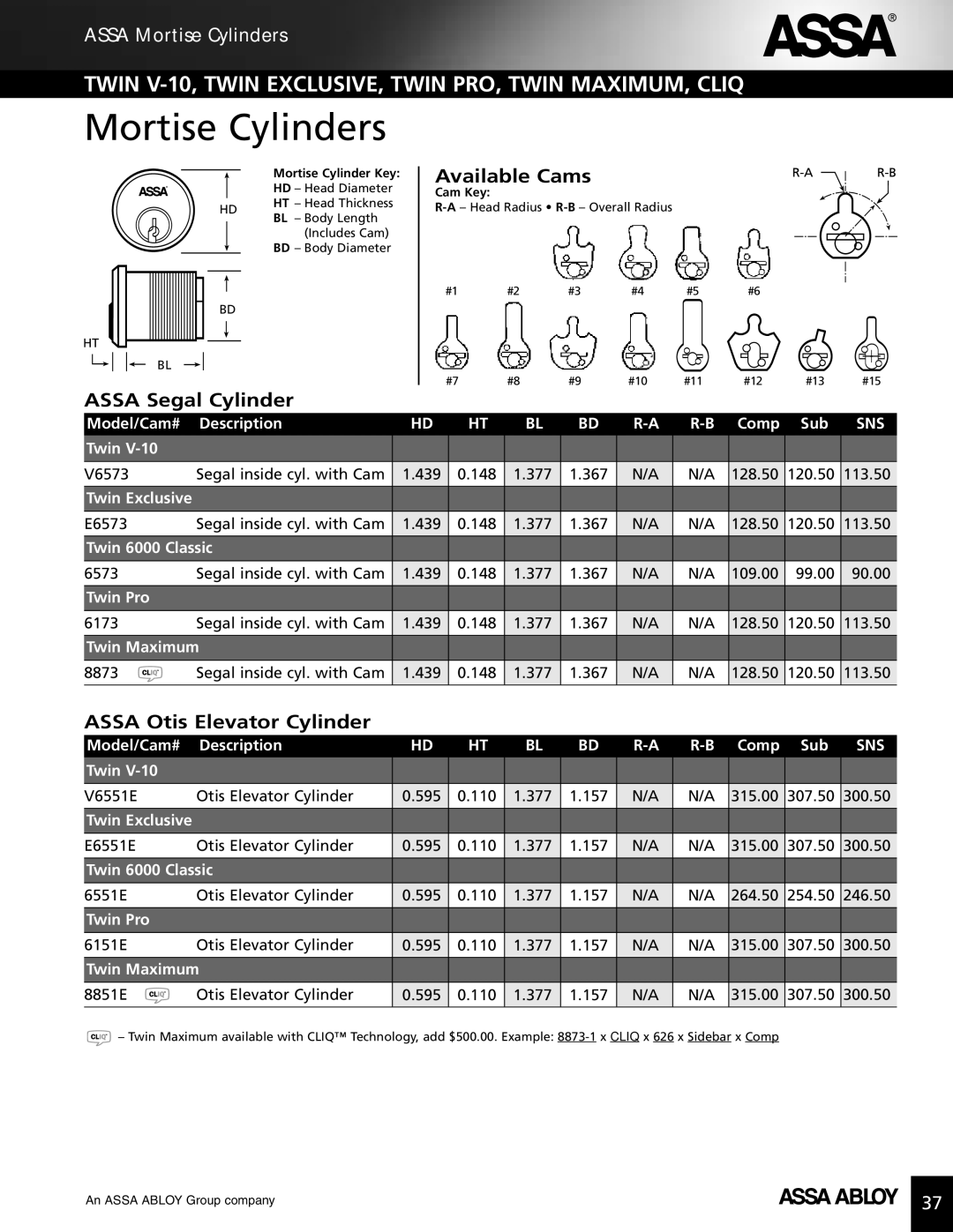 Assa high security lock technical manual Assa Segal Cylinder, Assa Otis Elevator Cylinder, Twin Pro 