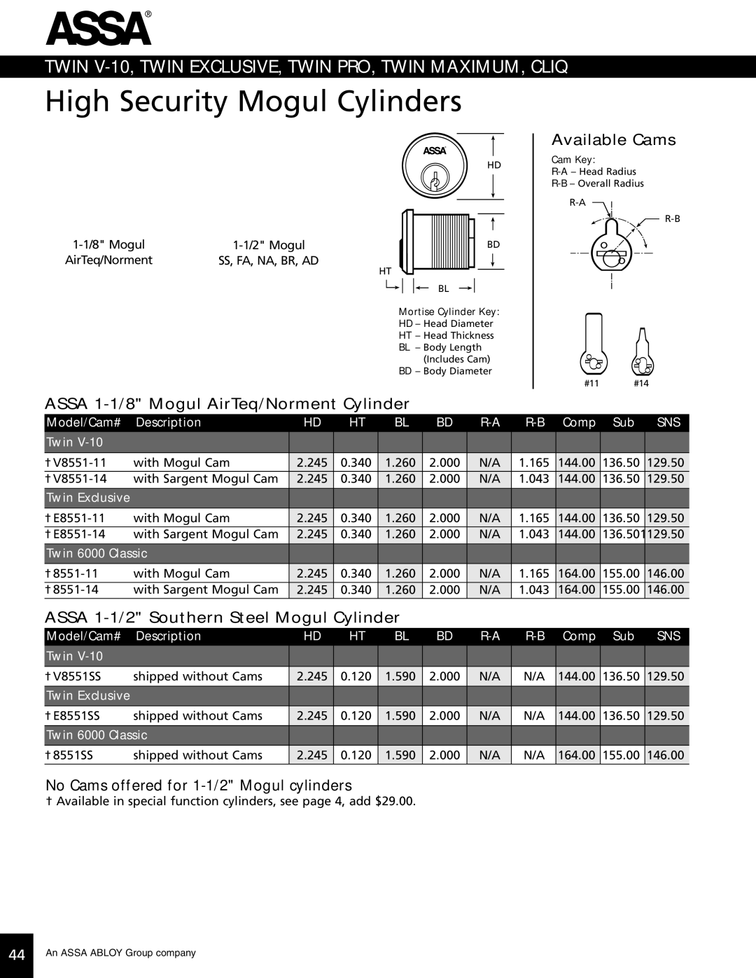 Assa high security lock technical manual Assa 1-1/8 Mogul AirTeq/Norment Cylinder, Assa 1-1/2 Southern Steel Mogul Cylinder 