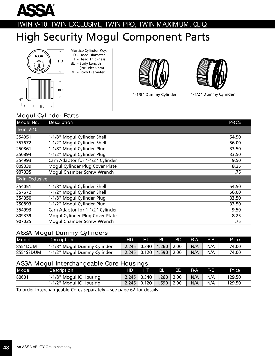 Assa high security lock High Security Mogul Component Parts, Mogul Cylinder Parts, Assa Mogul Dummy Cylinders 