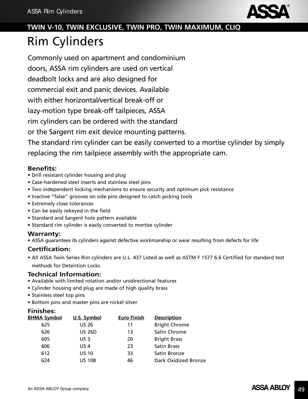 Assa high security lock technical manual Rim Cylinders, Benefits 