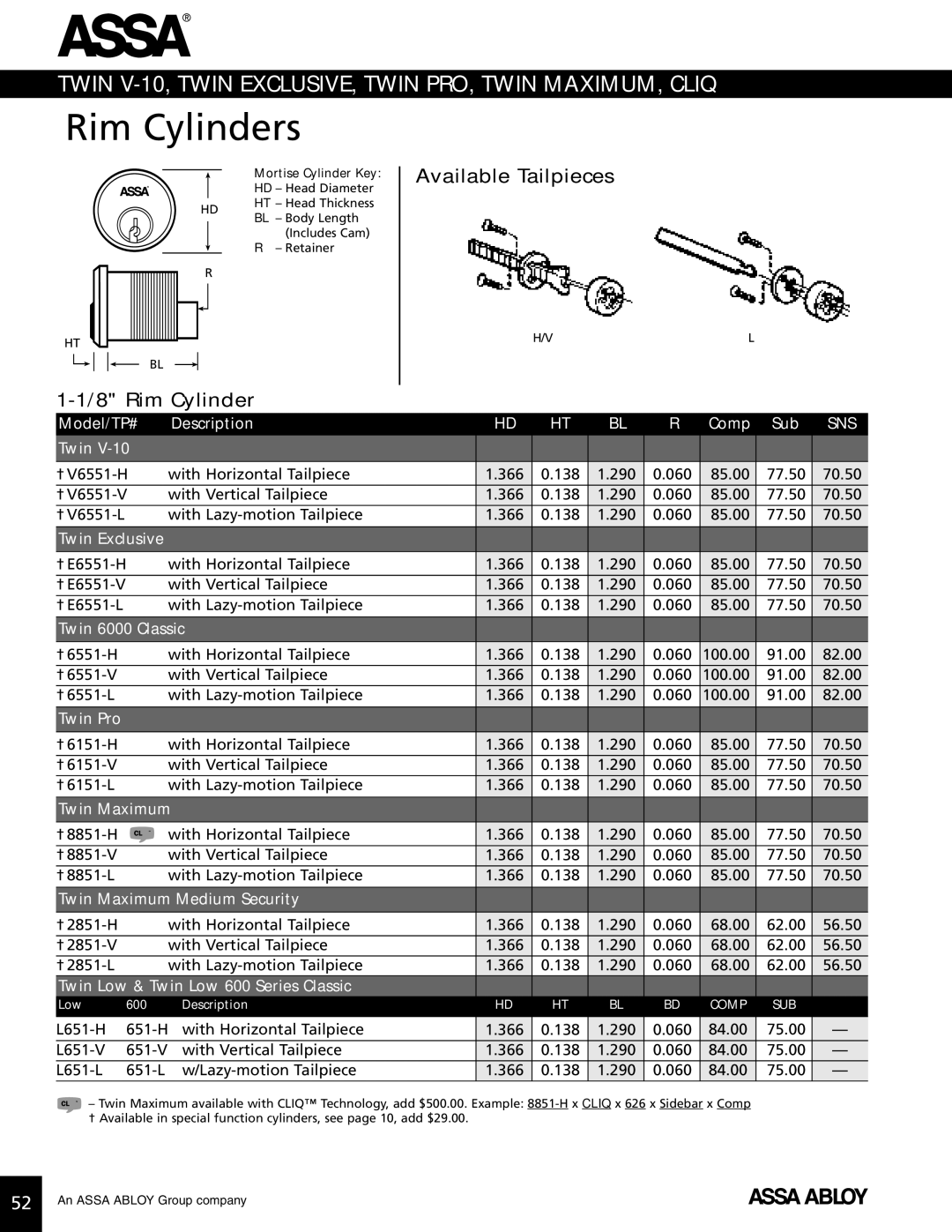 Assa high security lock technical manual Available Tailpieces 8 Rim Cylinder, Model/TP# Description Comp Sub 