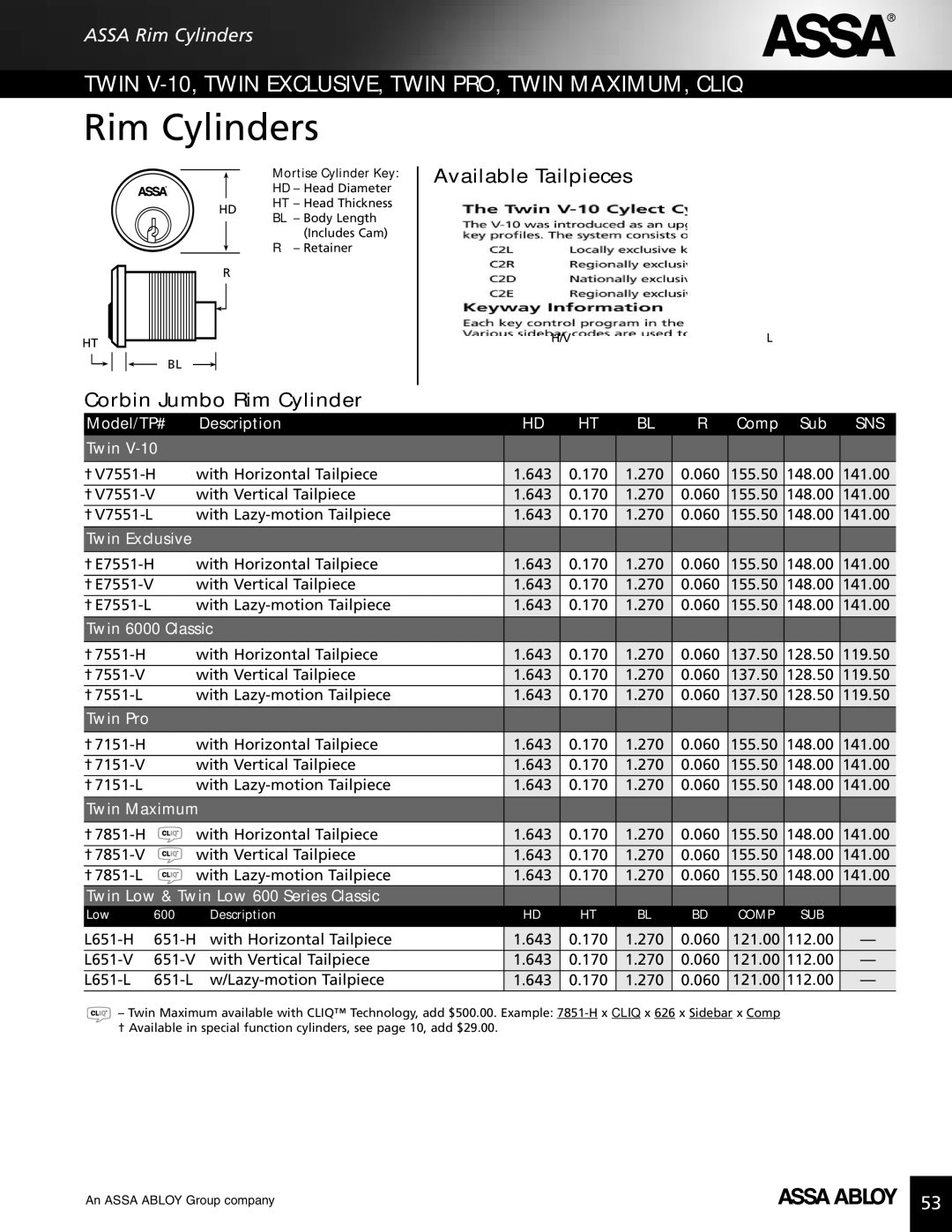 Assa high security lock technical manual Available Tailpieces Corbin Jumbo Rim Cylinder 