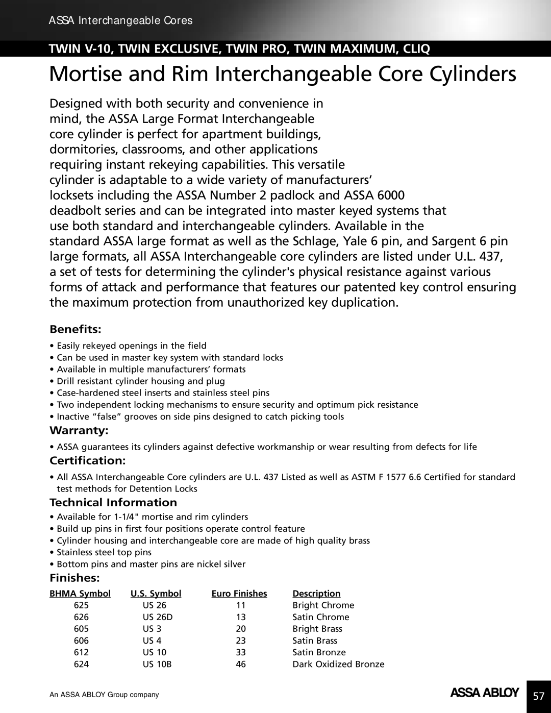 Assa high security lock technical manual Mortise and Rim Interchangeable Core Cylinders, Benefits 