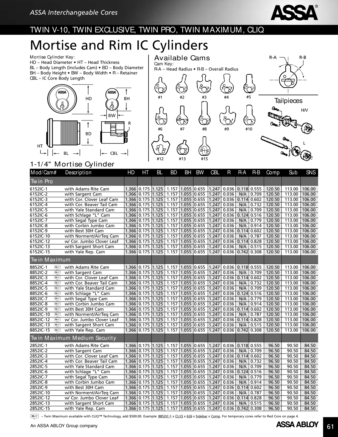 Assa high security lock technical manual 6152IC-1 With Adams Rite Cam 366 175 