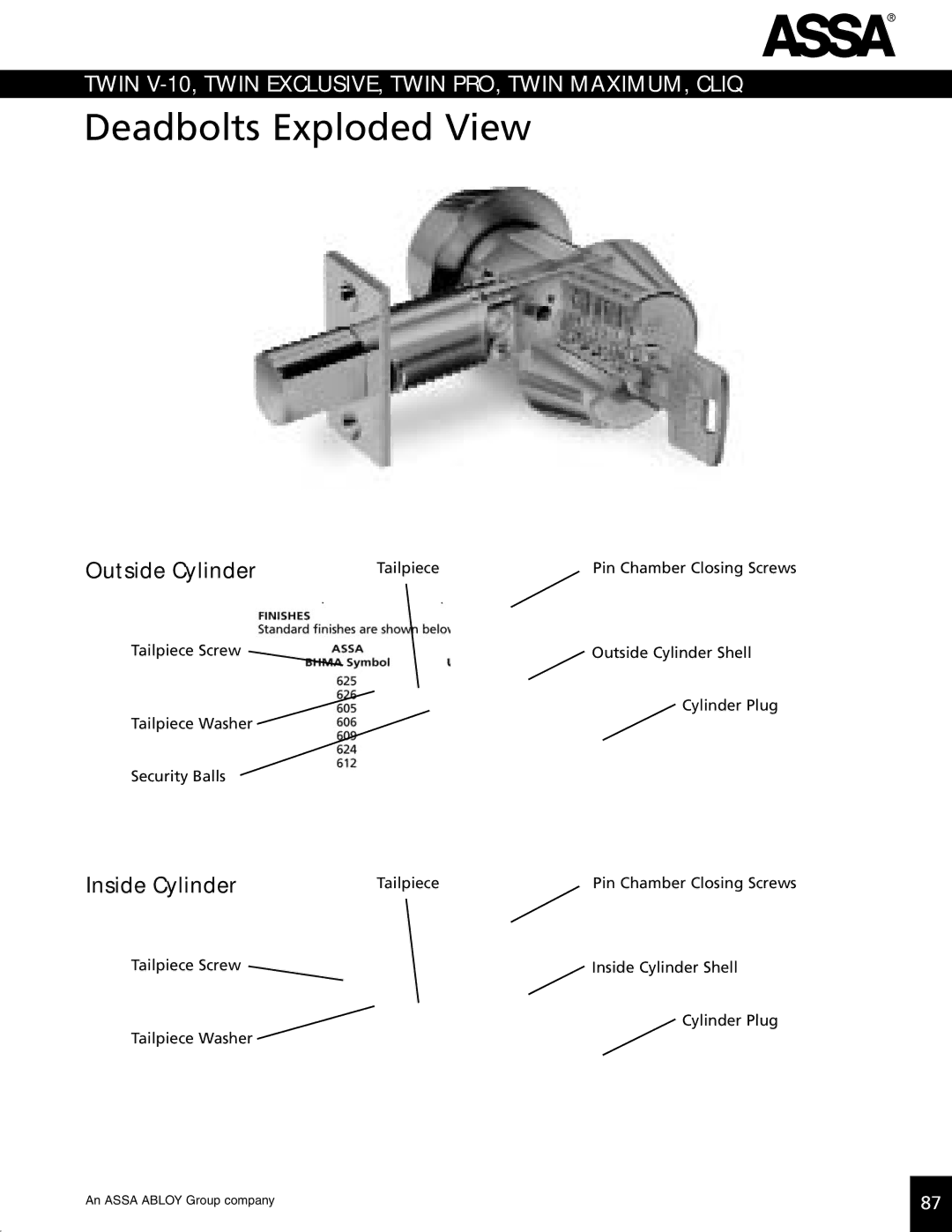 Assa high security lock technical manual Deadbolts Exploded View, Outside Cylinder 