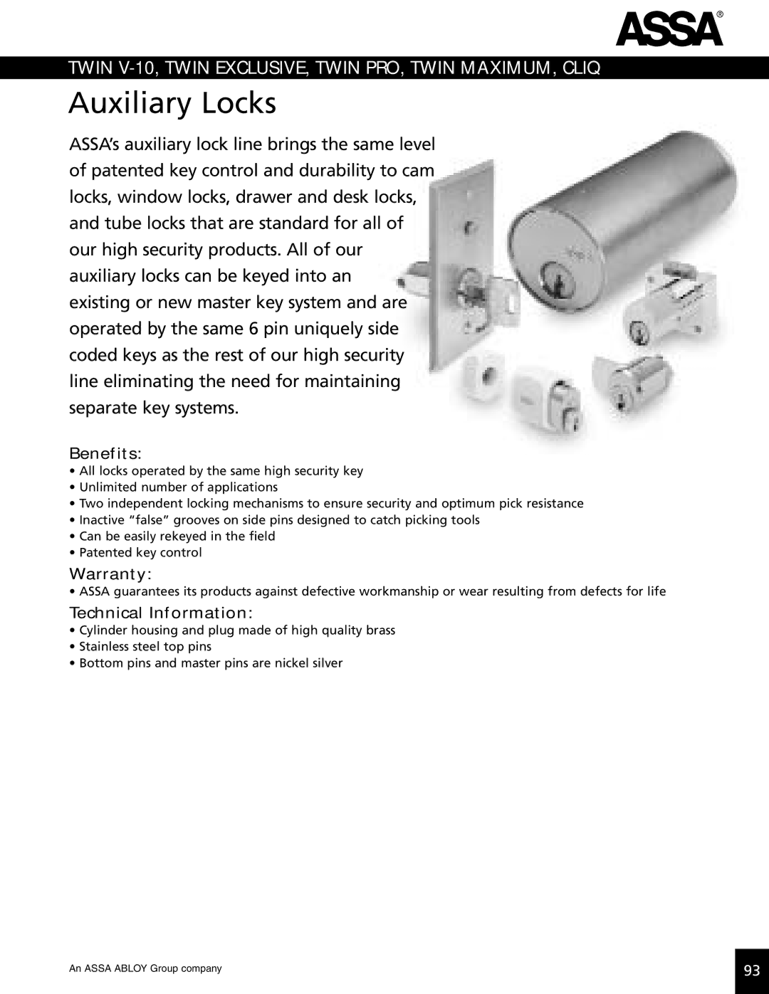 Assa high security lock technical manual Auxiliary Locks, Benefits 