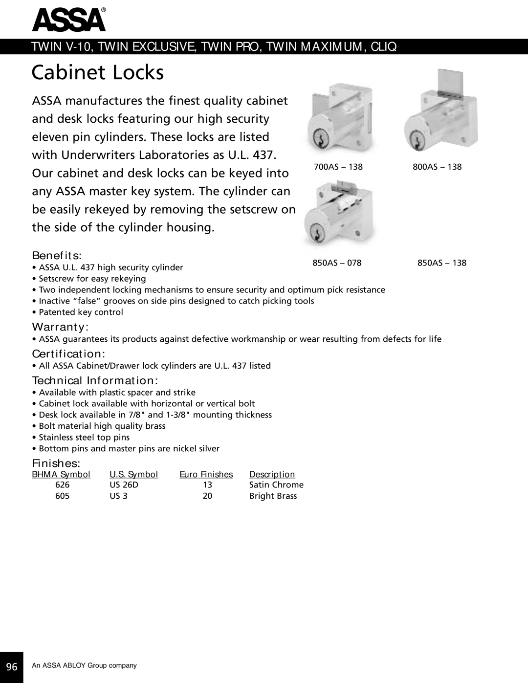 Assa high security lock technical manual Cabinet Locks, Bhma Symbol 