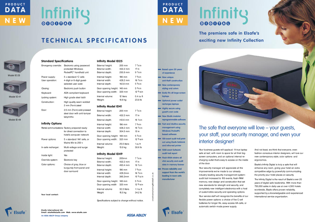 Assa ID49 technical specifications Standard Specifications, Infinity Options, Infinity Model ID25, Infinity Model ID41 