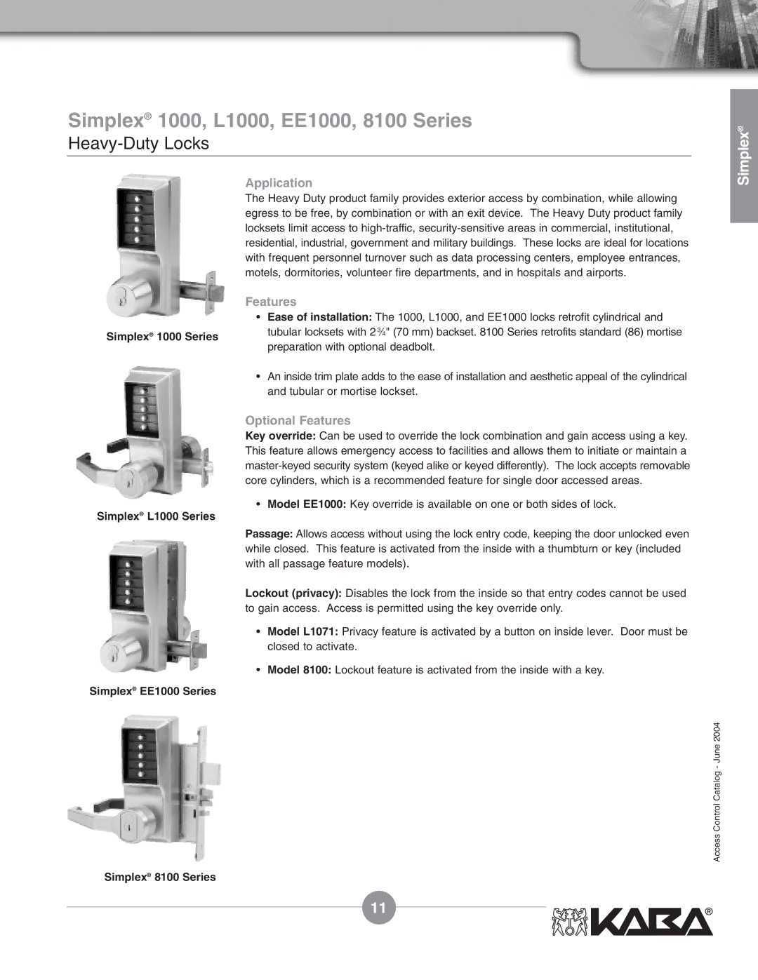 Assa Mechanical Pushbutton Locks manual Simplex 1000, L1000, EE1000, 8100 Series, Heavy-Duty Locks, Simplex 8100 Series 