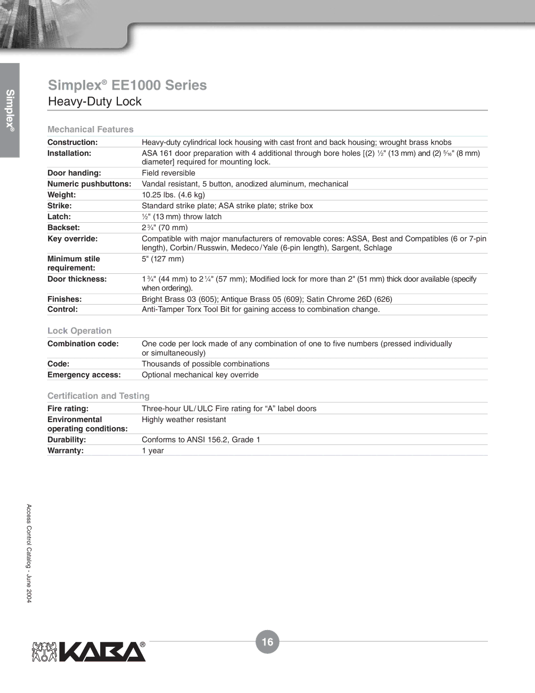 Assa Mechanical Pushbutton Locks manual Simplex EE1000 Series, Latch 