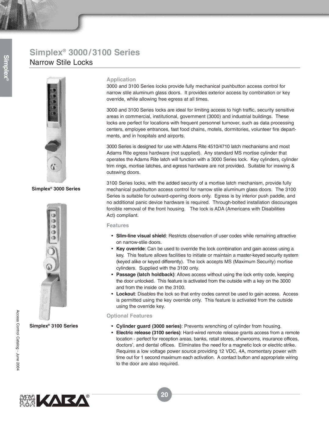 Assa Mechanical Pushbutton Locks Simplex 3000/3100 Series, Narrow Stile Locks, Simplex 3000 Series Simplex 3100 Series 