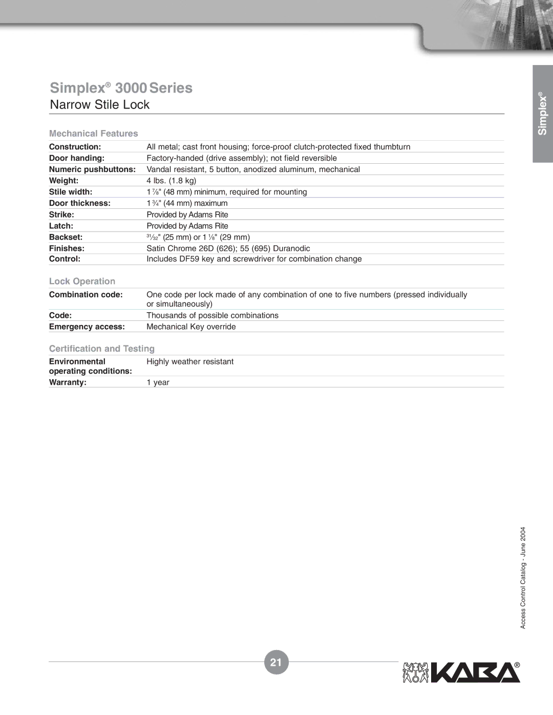 Assa Mechanical Pushbutton Locks manual Simplex 3000 Series, Narrow Stile Lock, Stile width 