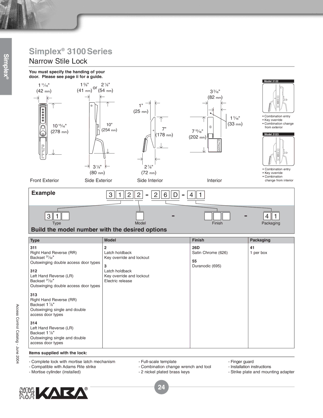 Assa Mechanical Pushbutton Locks manual 2 2 6 D, Type Model Finish Packaging 311 26D, 312, 313, 314 