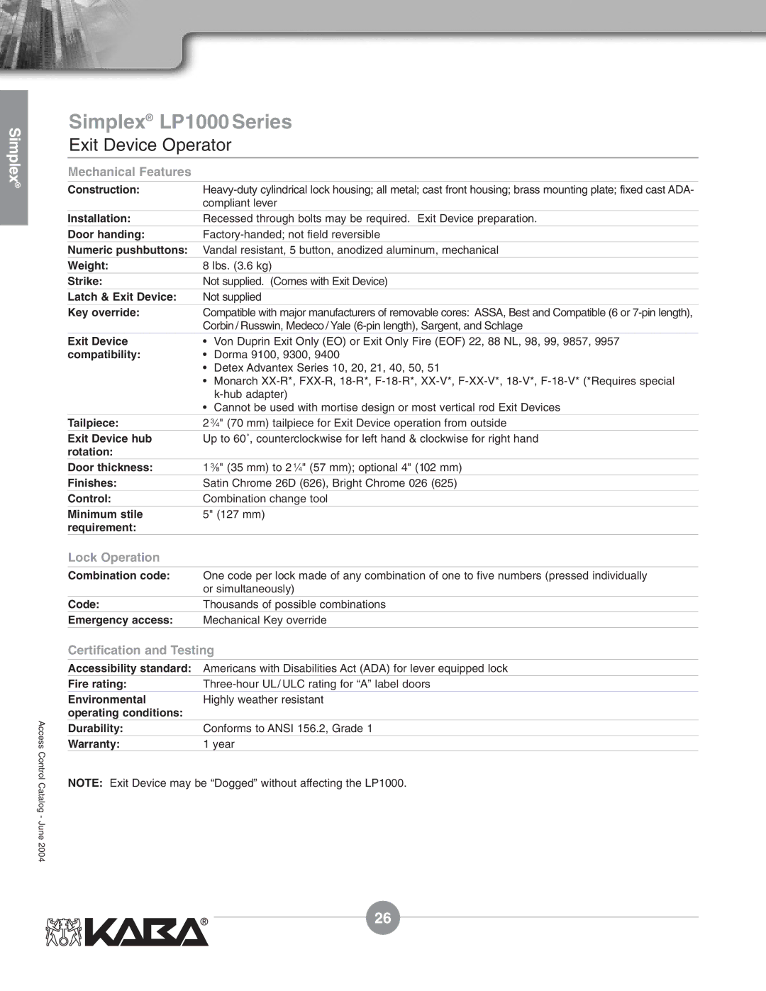 Assa Mechanical Pushbutton Locks manual Simplex LP1000 Series 