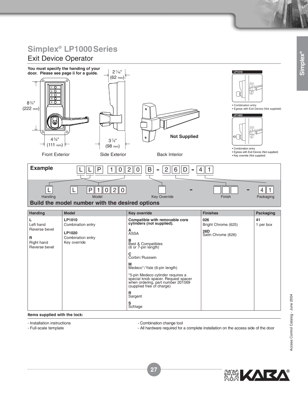 Assa Mechanical Pushbutton Locks manual P 1 0 2 0 B 2, Not Supplied, LP1020 26D 