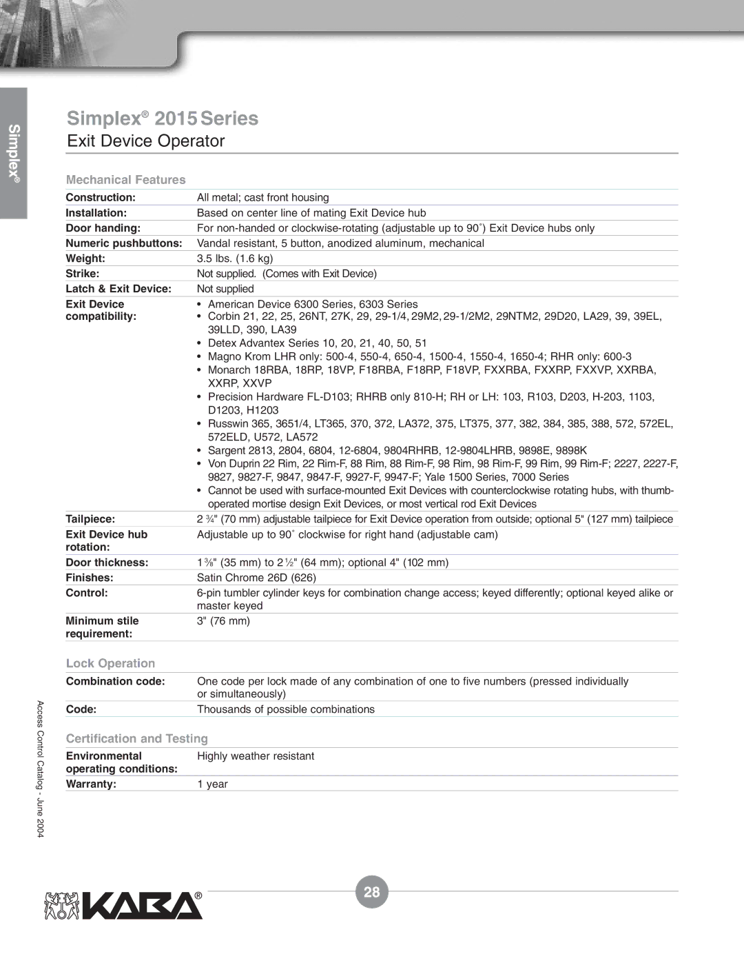 Assa Mechanical Pushbutton Locks manual Simplex 2015 Series, XXRP, Xxvp 