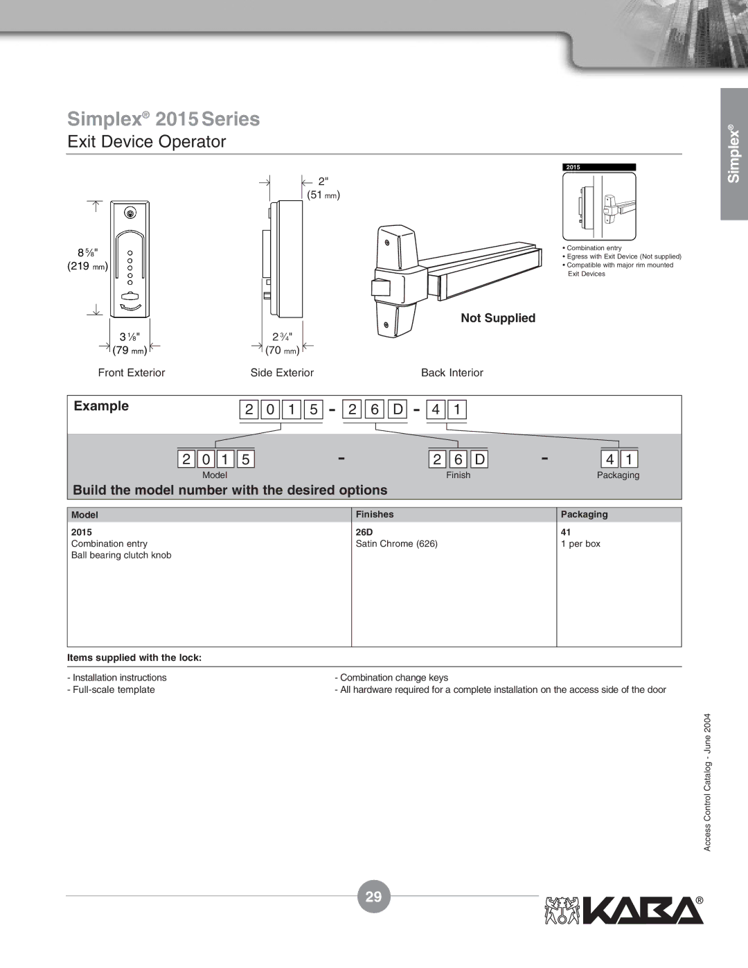 Assa Mechanical Pushbutton Locks manual Model 2015, Finishes 26D 