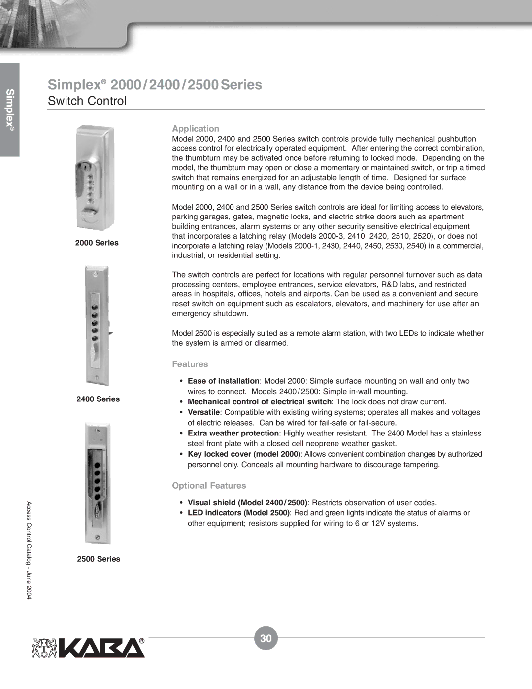 Assa Mechanical Pushbutton Locks manual Simplex 2000 / 2400 / 2500 Series, Switch Control 