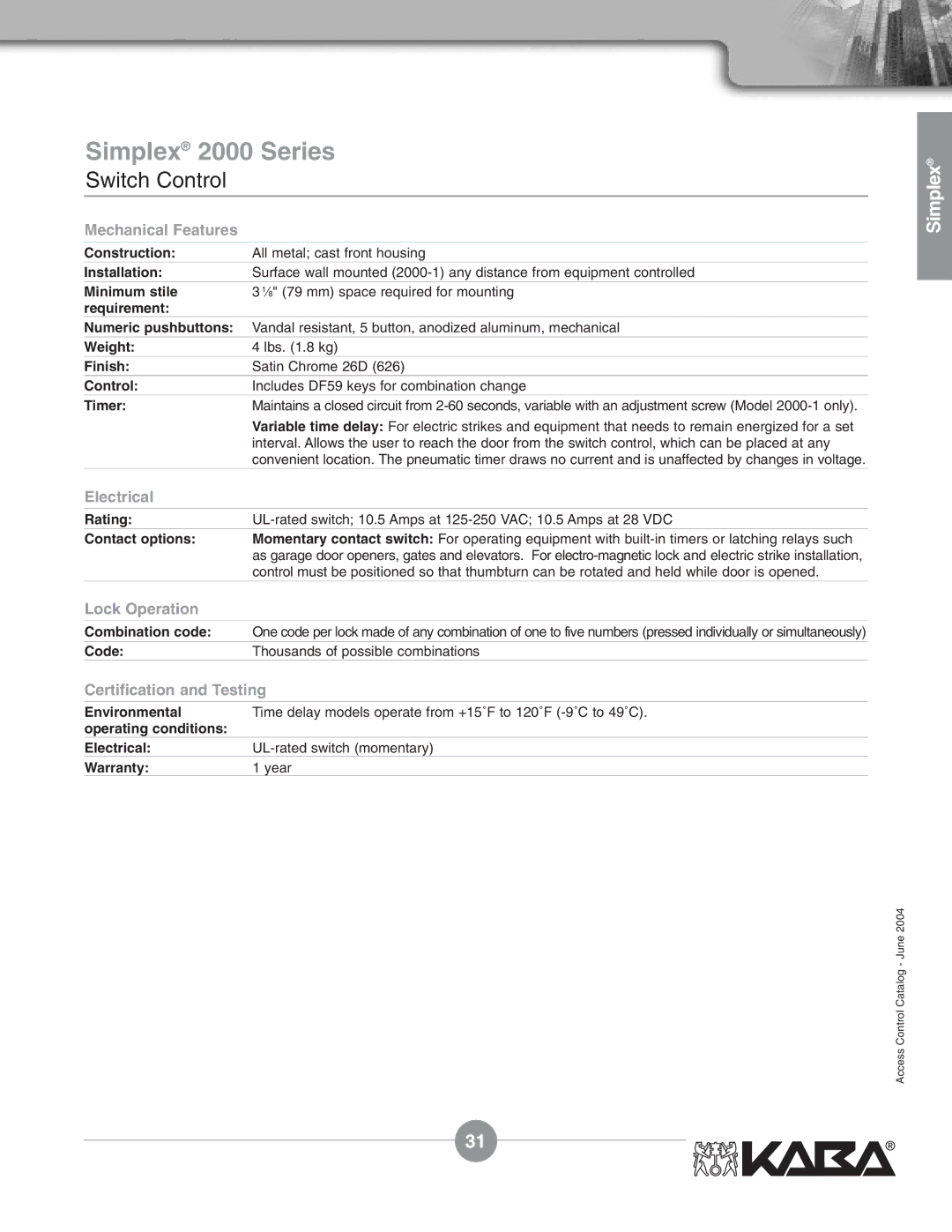 Assa Mechanical Pushbutton Locks manual Simplex 2000 Series 