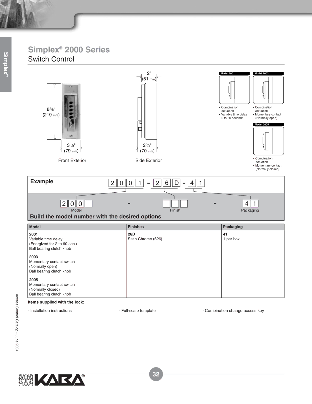 Assa Mechanical Pushbutton Locks manual Model Finishes Packaging 2001 26D, 2003, 2005 