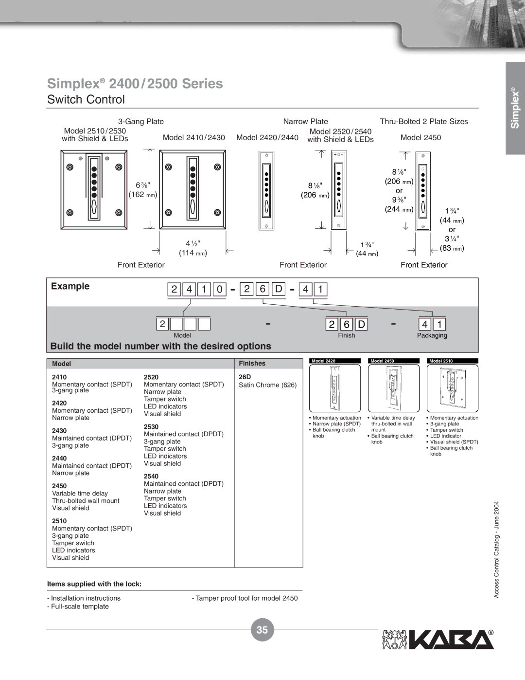 Assa Mechanical Pushbutton Locks manual Model Finishes, 2410 2520 26D, 2420, 2430 2530, 2440, 2540 2450, 2510 