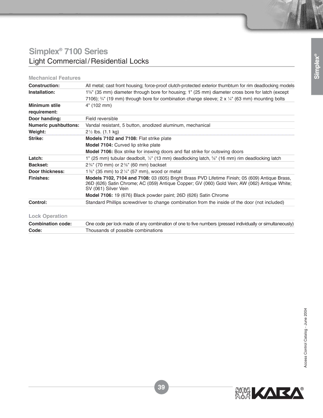 Assa Mechanical Pushbutton Locks manual Simplex 7100 Series, Strike Models 7102 and 7108 Flat strike plate 