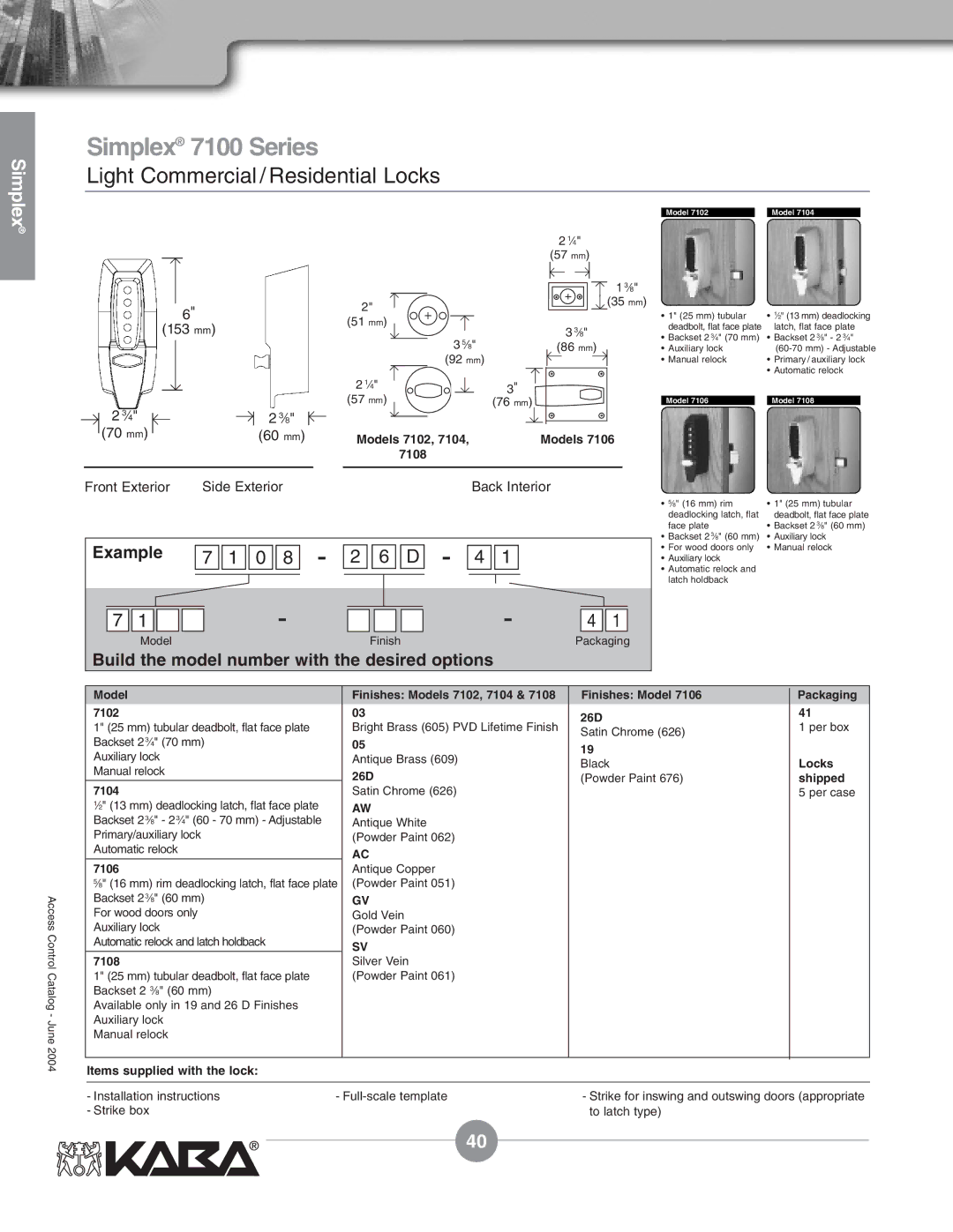 Assa Mechanical Pushbutton Locks manual Model Finishes Models 7102, 7104 Packaging 26D, 7106, 7108 