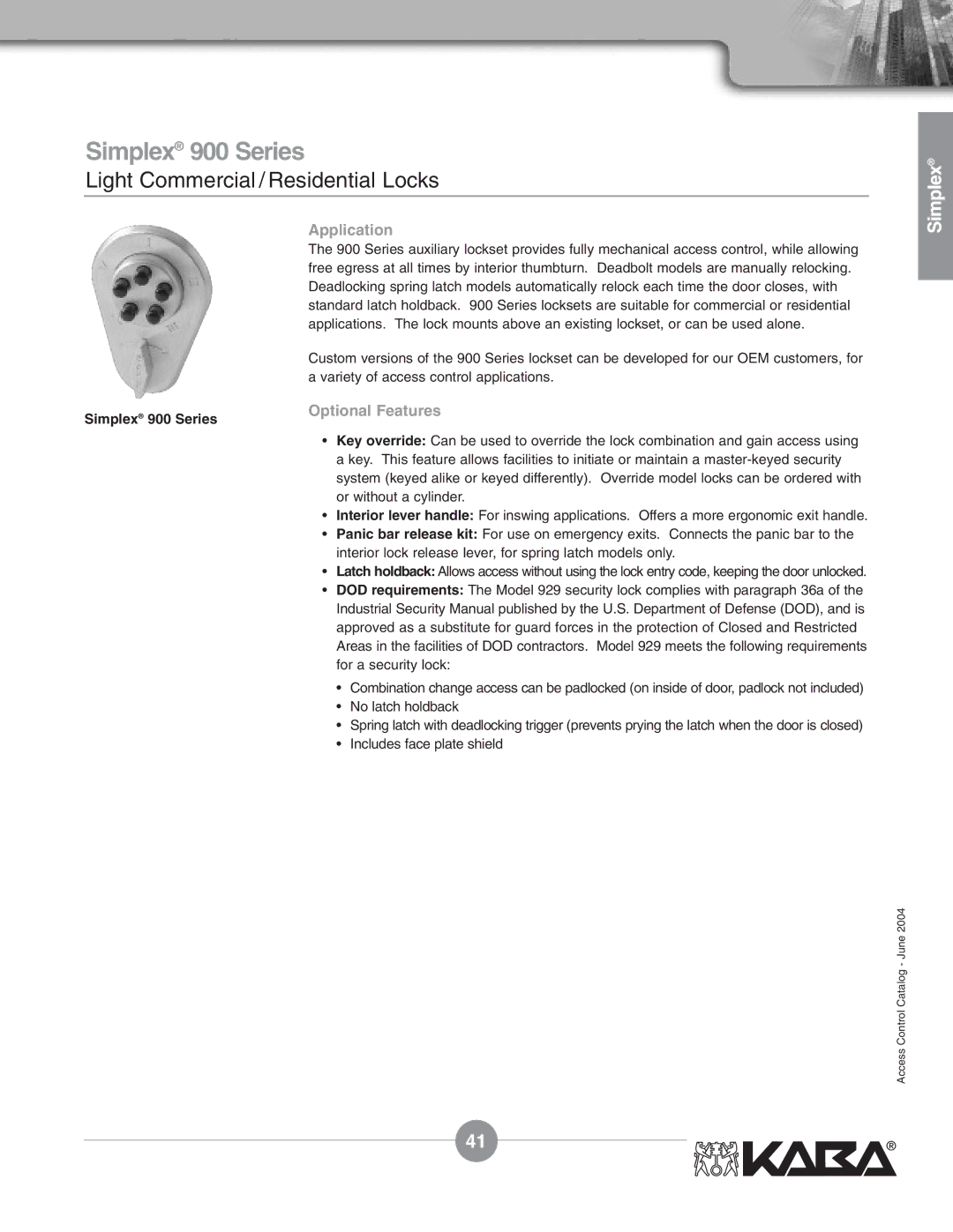 Assa Mechanical Pushbutton Locks manual Simplex 900 Series 