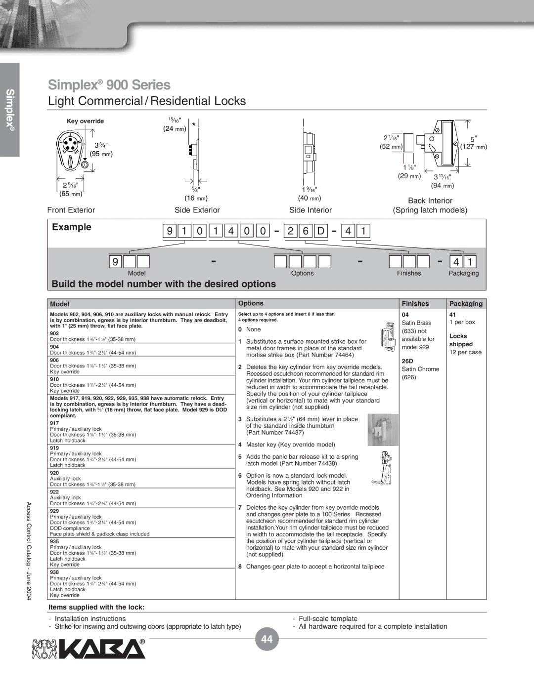 Assa Mechanical Pushbutton Locks manual 1 4 0 0 2 6 D, Model Options Finishes 