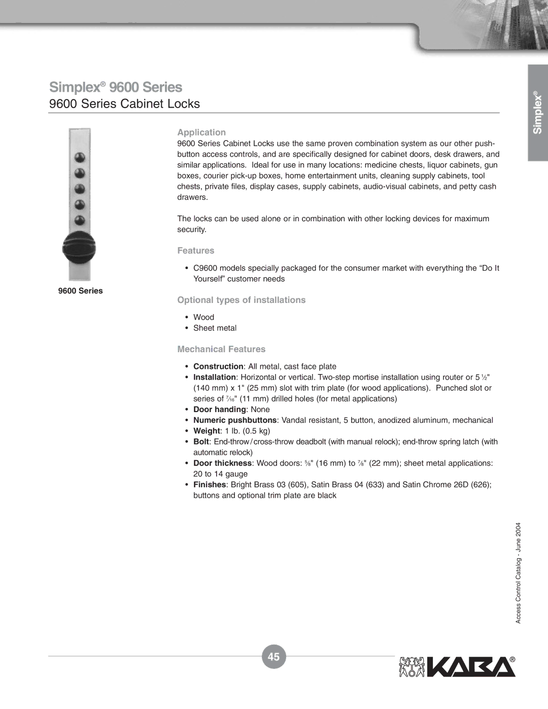 Assa Mechanical Pushbutton Locks manual Simplex 9600 Series, Series Cabinet Locks, Door handing None 