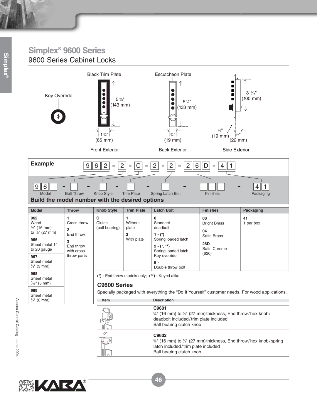 Assa Mechanical Pushbutton Locks manual 2 C 2 2 2 6 D 4, C9601, C9602 