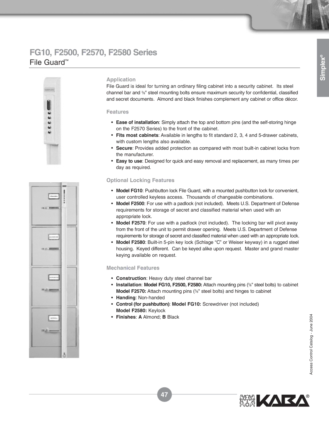 Assa Mechanical Pushbutton Locks manual FG10, F2500, F2570, F2580 Series, File Guard, Model F2580 Keylock 