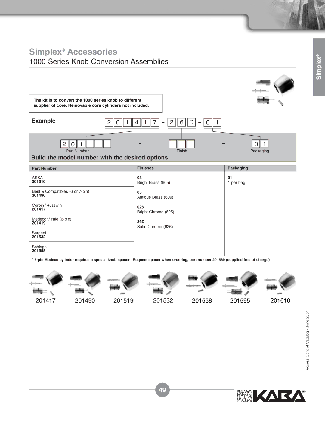 Assa Mechanical Pushbutton Locks manual Simplex Accessories, Series Knob Conversion Assemblies, 1 4 1 