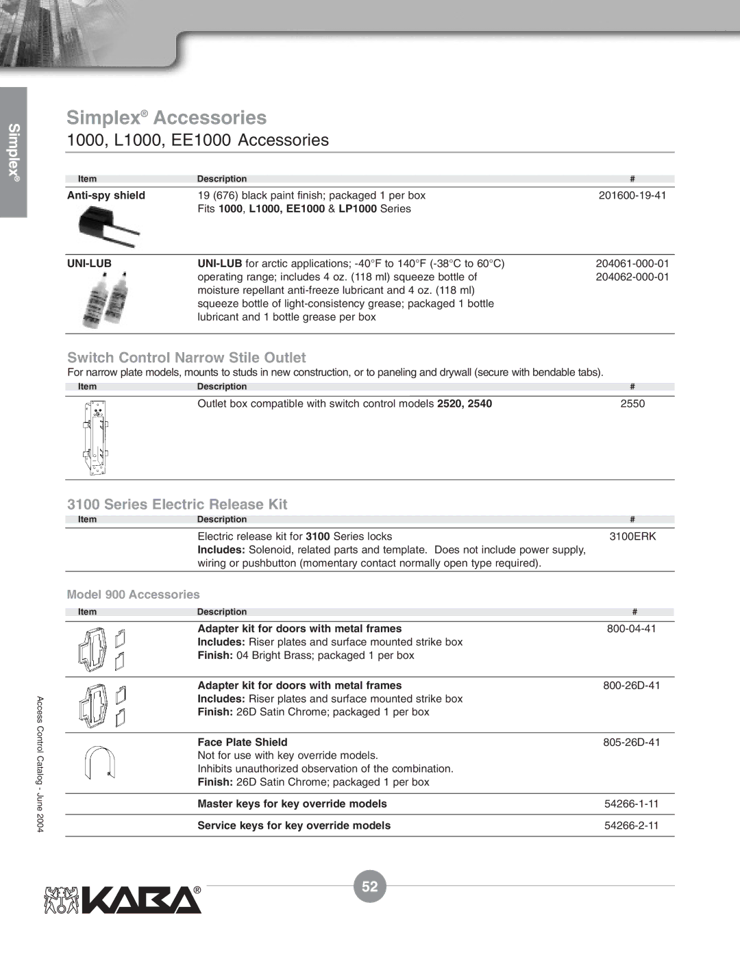 Assa Mechanical Pushbutton Locks manual 1000, L1000, EE1000 Accessories 